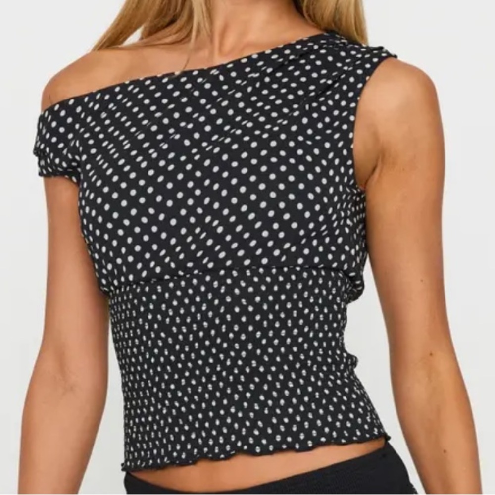 Princess Polly Ready to Party Black and White Polka Dot Off shoulder Top
